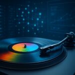 A close-up of a colorful vinyl record on a turntable with a digital display in the background