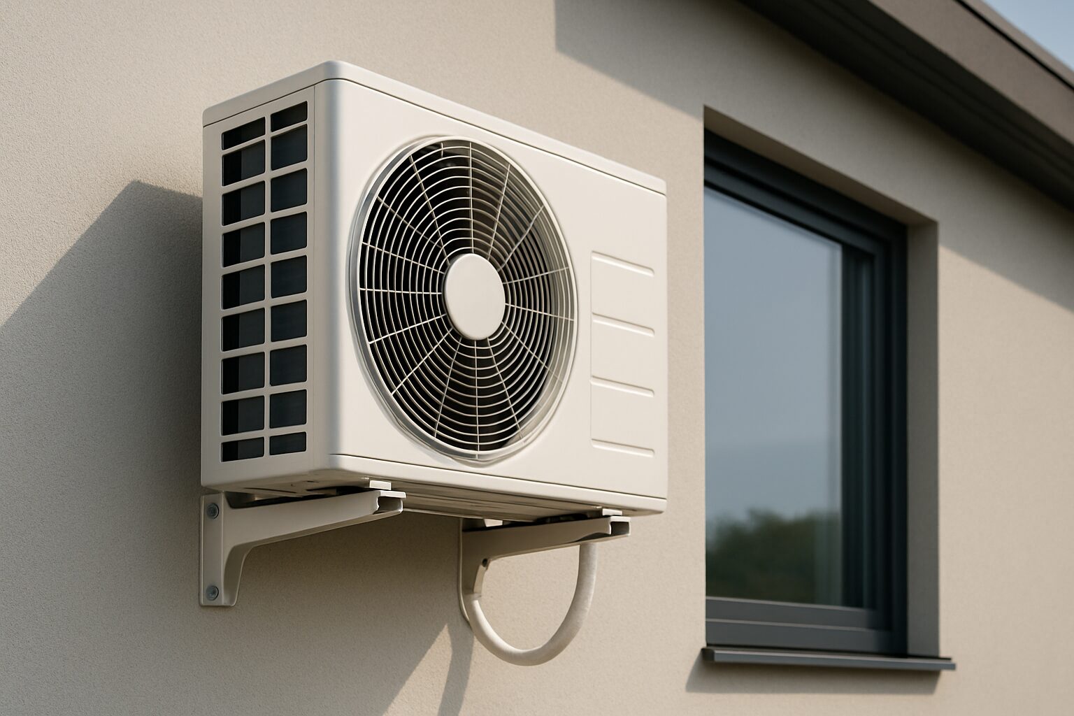 Air conditioning unit mounted on a wall next to a window