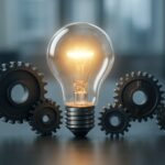 Light bulb surrounded by gears on a dark surface
