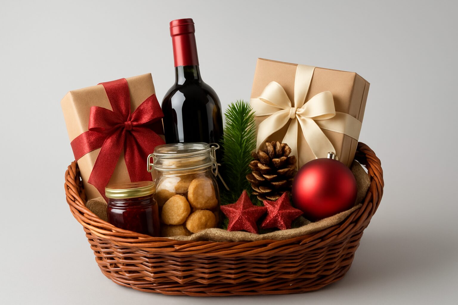 A beautifully arranged Christmas hamper featuring a bottle of red wine, wrapped gifts, a jar of cookies, festive decorat