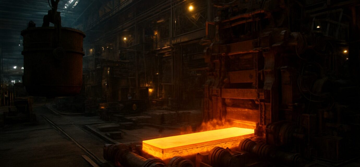 A hot steel slab being processed in a manufacturing facility, showcasing industrial machinery and a production environme