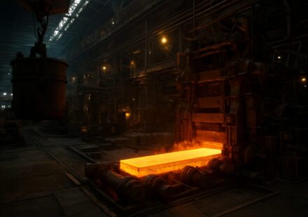A hot steel slab being processed in a manufacturing facility, showcasing industrial machinery and a production environme