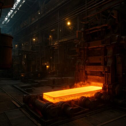 A hot steel slab being processed in a manufacturing facility, showcasing industrial machinery and a production environme