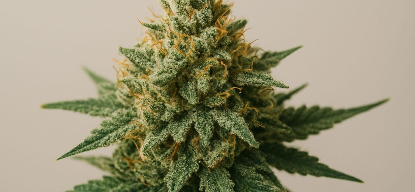 Close-up of dense cannabis flower with green leaves and orange pistils