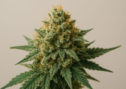 Close-up of dense cannabis flower with green leaves and orange pistils