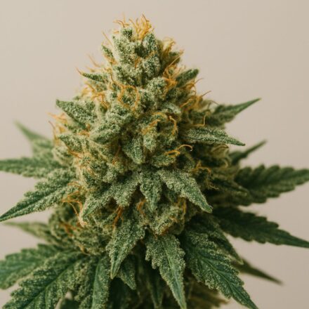 Close-up of dense cannabis flower with green leaves and orange pistils