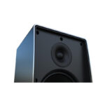 Close-up of a black speaker box with a circular speaker cone