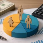 Paper figures on a pie chart with financial documents and a calculator in the background