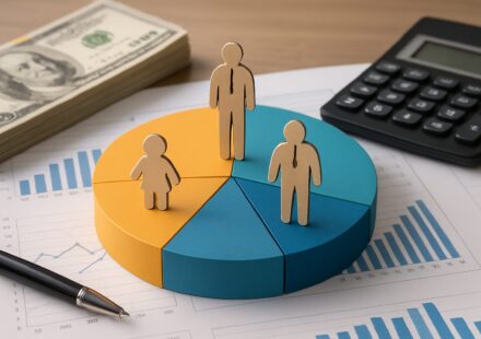 Paper figures on a pie chart with financial documents and a calculator in the background